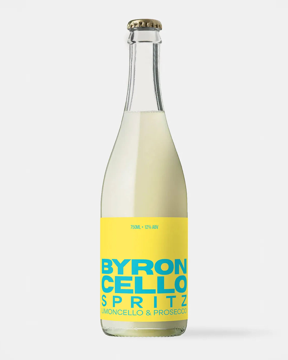 Bottle of Byroncello Spritz with yellow label on a white background